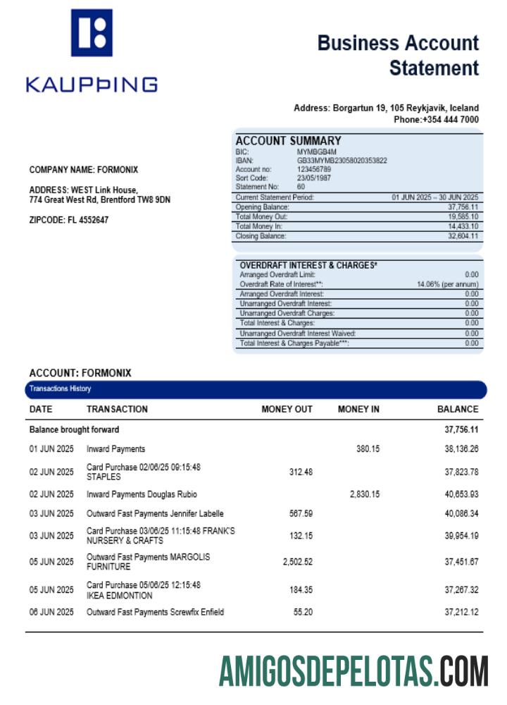 Kaupthing Business Firm Account Extrato bancário em formato Word e PDF